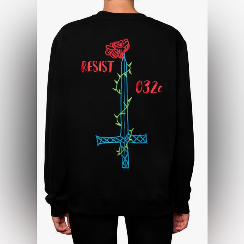 032c Unisex Black Embroidered Crewneck Sweatshirt